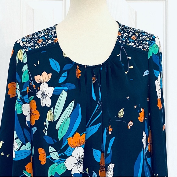 Nanette Lepore Navy Floral Blouse Mixed Print Bell Sleeves Boho Womens Sz L - Picture 4 of 10